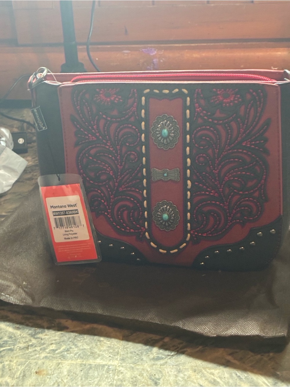Montana West Red and Black Tooled Concho Crossbody Bag